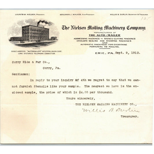 Nielsen Mailing Machinery Co. 1912 Letterhead Erie, PA Auto Mailer Stencil
