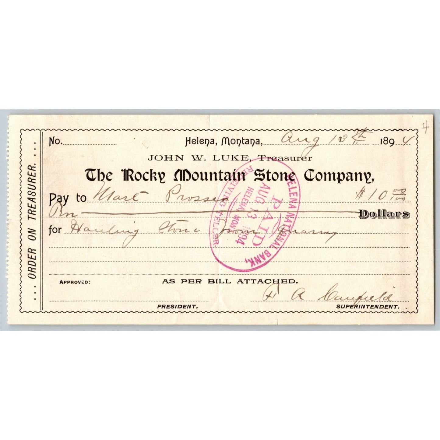 Helena Montana Rocky Mountain Stone Co. 1894 Company / Bank Check