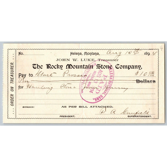 Helena Montana Rocky Mountain Stone Co. 1894 Company / Bank Check