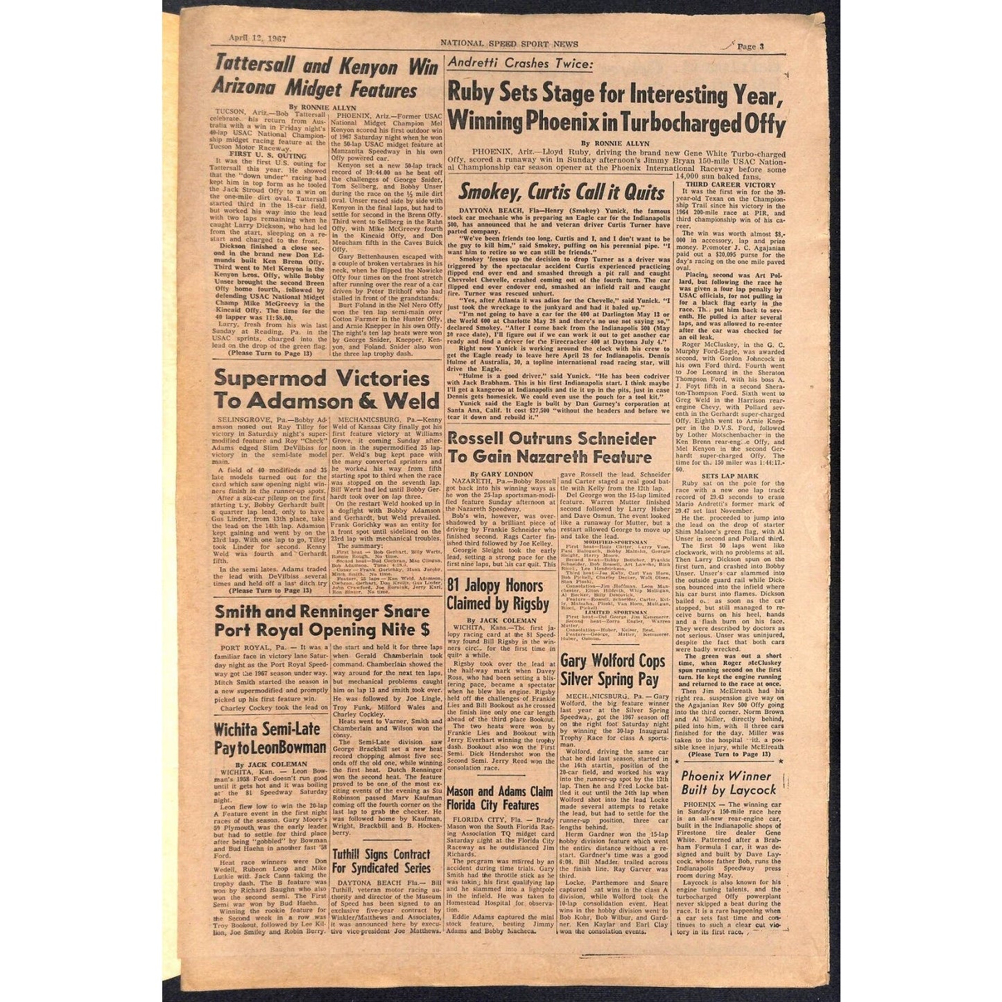 National Speed Sport News 4/12 1967 51st and 52nd Wins for Petty Racing 15pp