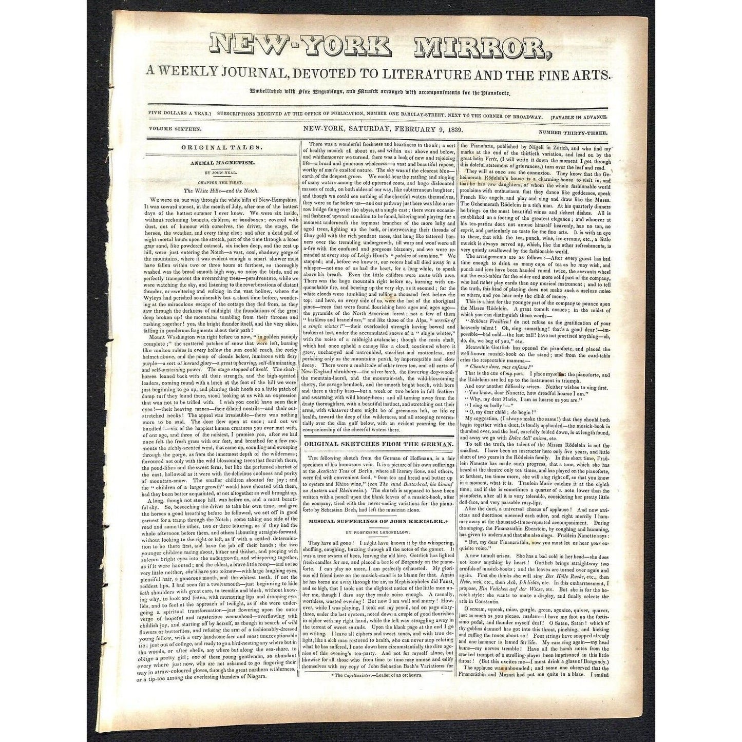 New-York Mirror Weekly Journal Literature Fine Arts Newspaper 2/9/1839