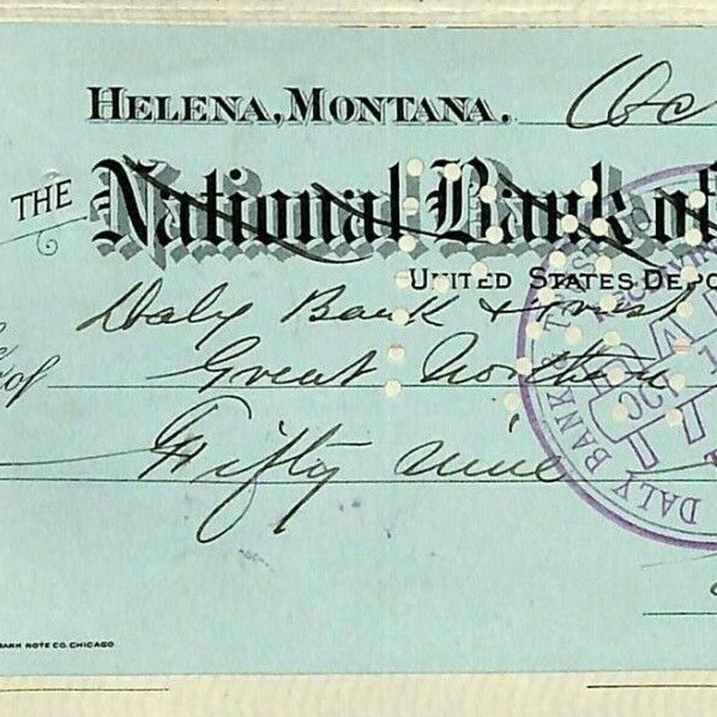 1904 Check Bank of Montana Helena Butte, MT Eugene Carroll to Great Northern RY