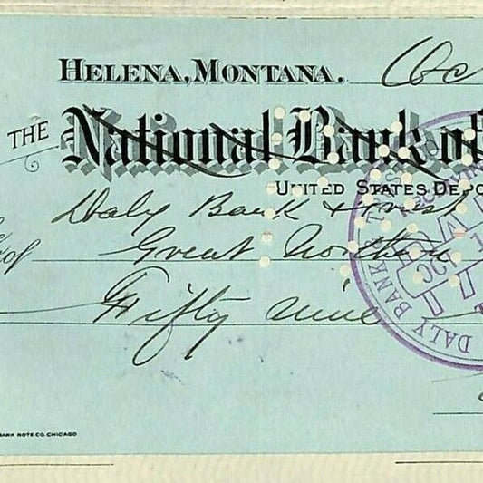 1904 Check Bank of Montana Helena Butte, MT Eugene Carroll to Great Northern RY