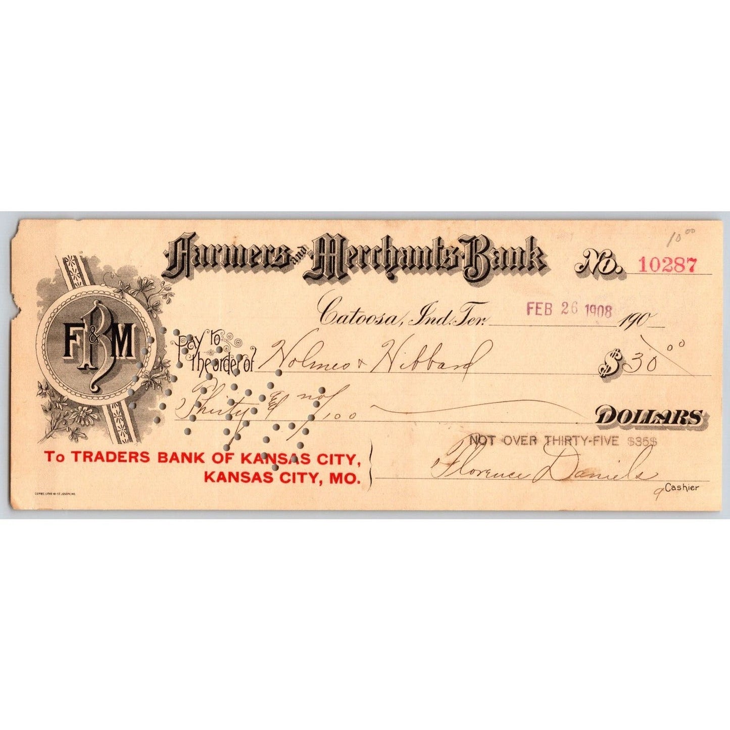 Catoosa, OK 1908 Indian Territory* Farmers Merchants Bank Check - Scarce