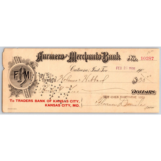 Catoosa, OK 1908 Indian Territory* Farmers Merchants Bank Check - Scarce