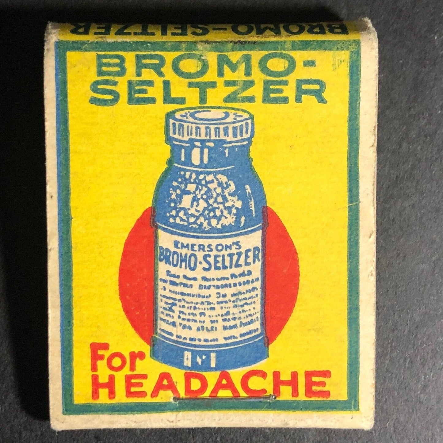 Bromo-Seltzer for Headache Matchbook c1930's-40's Full 20-Strike VGC Scarce