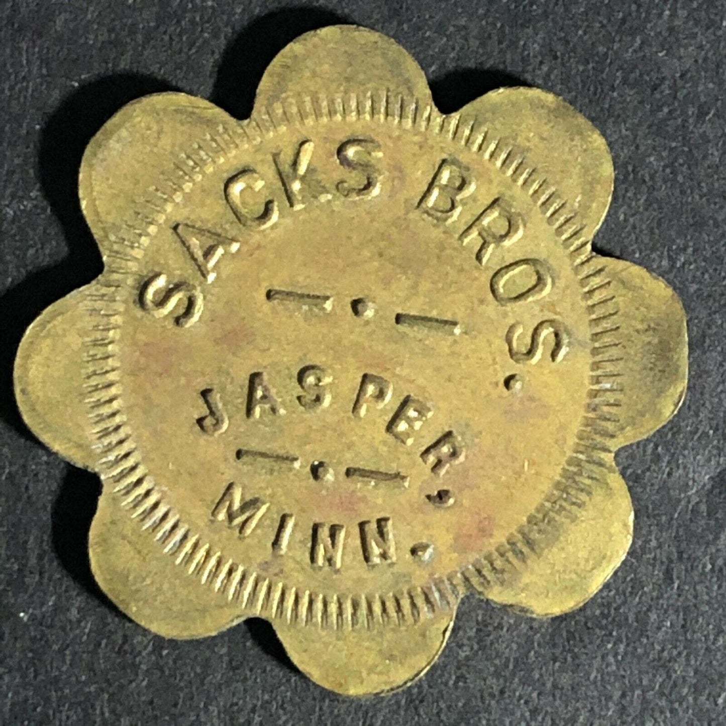 Sack's Bros (Gen Store) Jasper MN G/F 5c Brass Token 24mm c1930's-40's Scarce