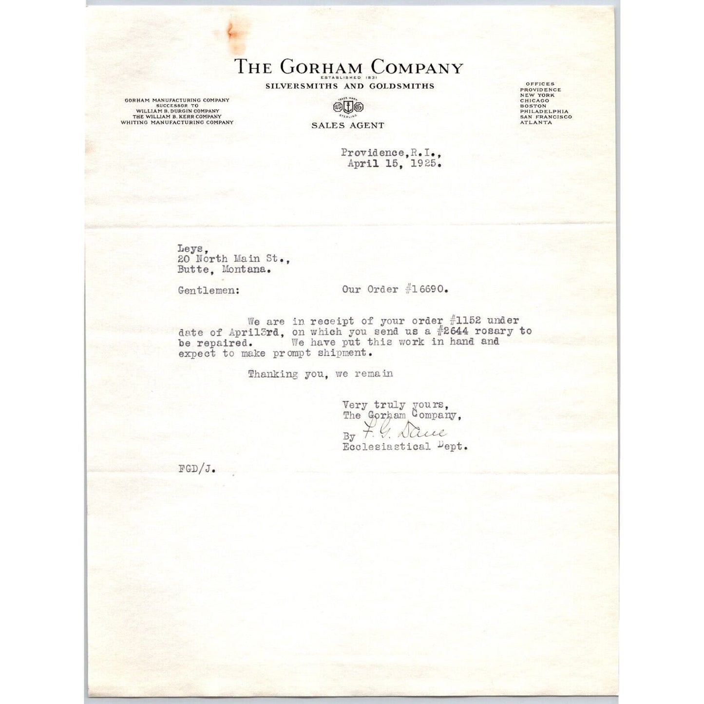 Gorham Co Silversmiths to "Leys" Jewelers Butte, MT 1925 Letterhead re: Rosary