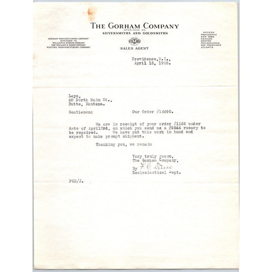Gorham Co Silversmiths to "Leys" Jewelers Butte, MT 1925 Letterhead re: Rosary