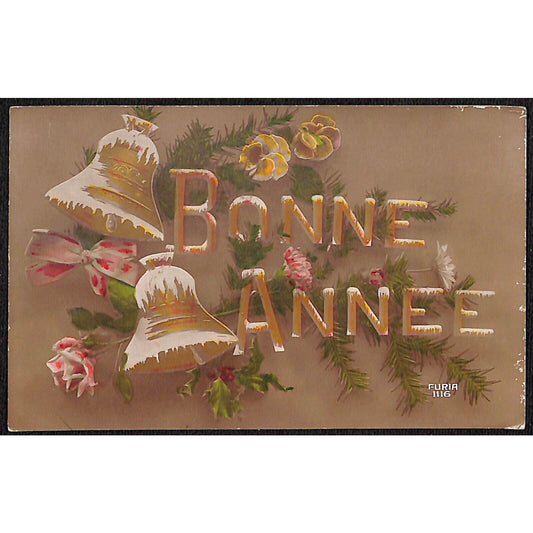 French New Year Postcard "Bonne Annee" Bells Pine Tree Snow c1920