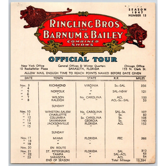 1947 Ringling Bros Barnum Bailey Circus Route Card Richmond Norfolk Miami Tampa