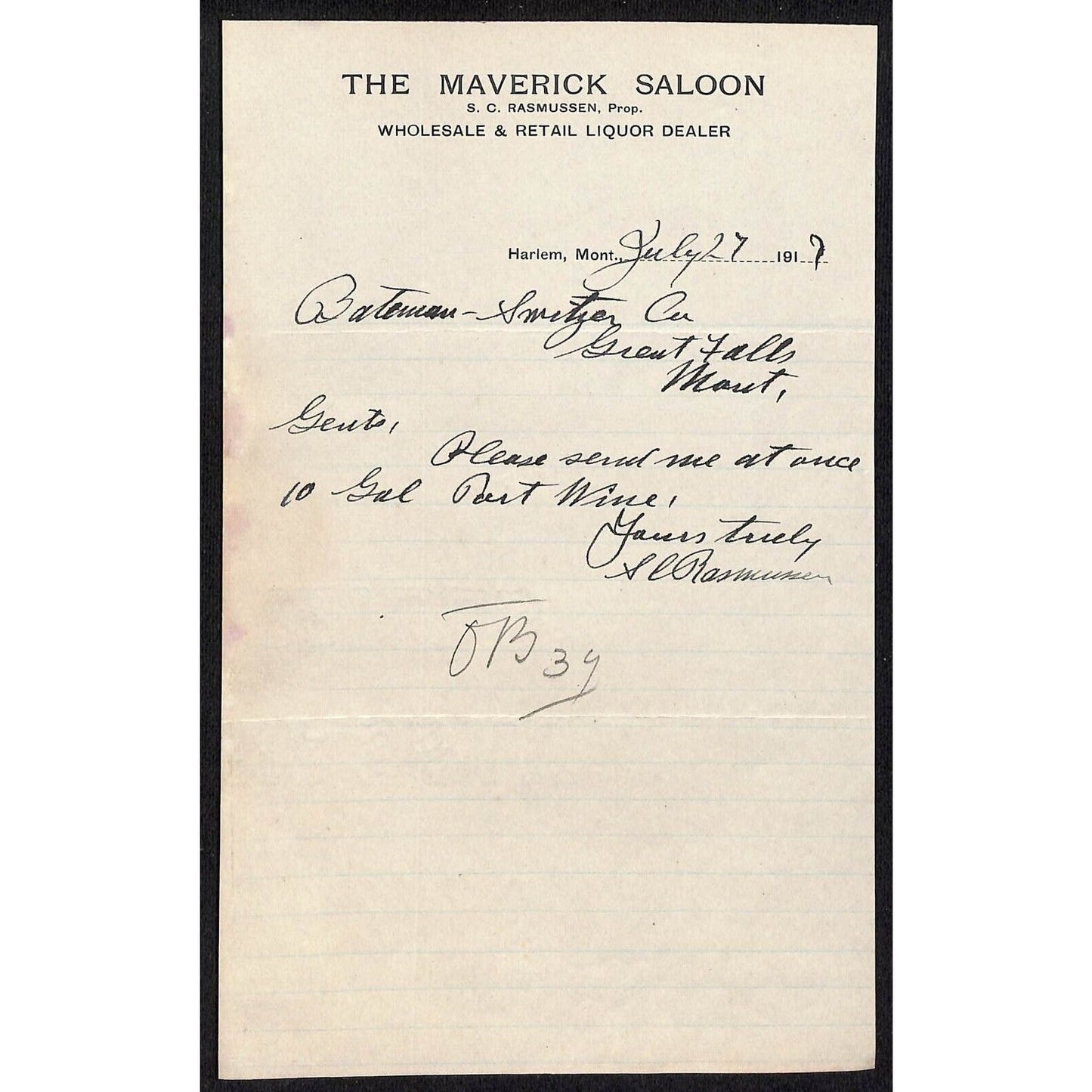 Harlem, MT "The Maverick Saloon" Liquor Dealer 1917 Letterhead - Bateman Switzer