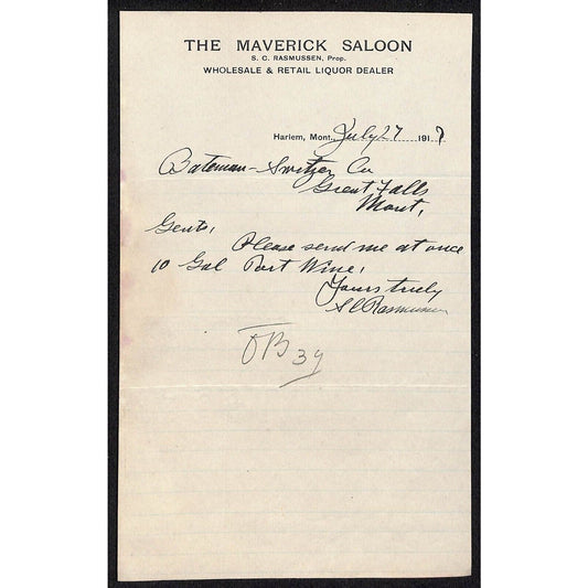 Harlem, MT "The Maverick Saloon" Liquor Dealer 1917 Letterhead - Bateman Switzer