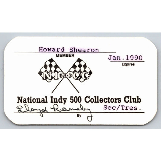 1989 "National Indy 500 Collectors Club" ID Membership Card Indianapolis IMS