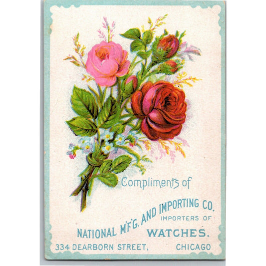 National M'f'g. and Importing Co. Watches Victorian Trade Card Dearborn Chicago