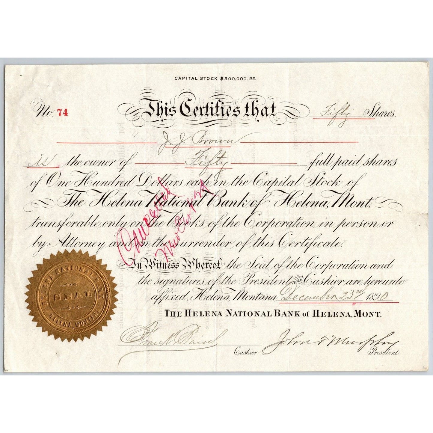 Helena National Bank, Montana 1890 Stock Certificate Cert# 74 for 50 Shares