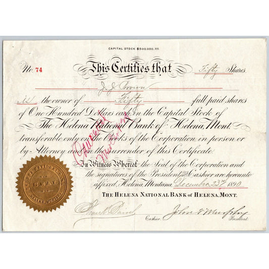 Helena National Bank, Montana 1890 Stock Certificate Cert# 74 for 50 Shares