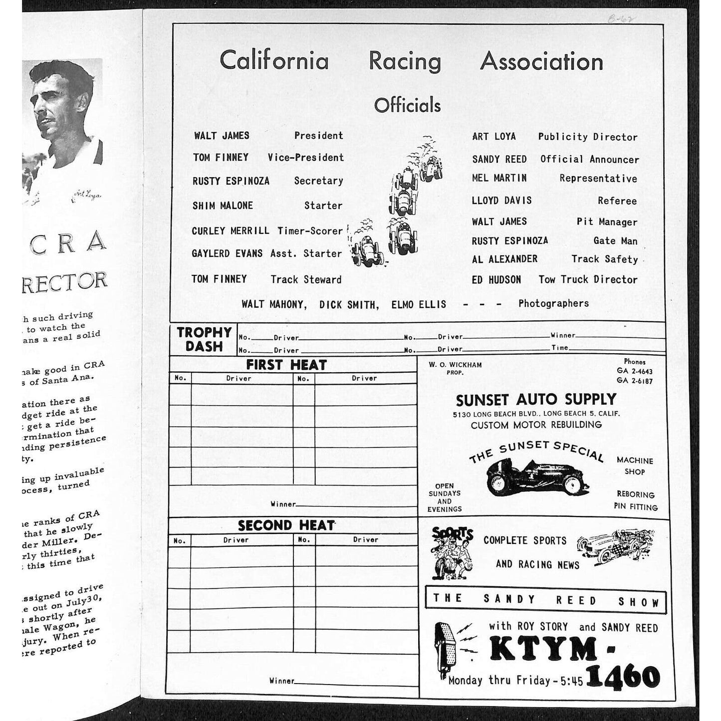 Scarce circa Oct 1962 Auto Racing CRA Big Car Program Ascot Gardena, CA 8pp.
