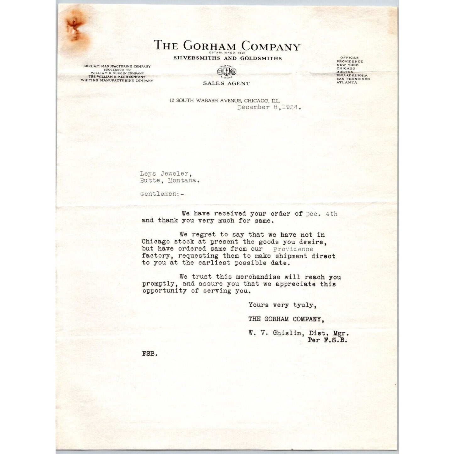 Gorham Company Silver to "Leys" Jewelers Butte, MT 1924 Out of Stock in Chicago