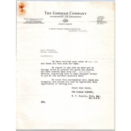 Gorham Company Silver to "Leys" Jewelers Butte, MT 1924 Out of Stock in Chicago