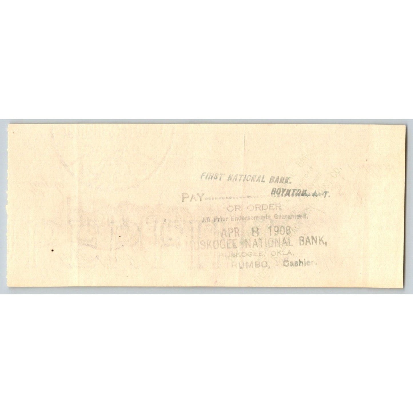 Boynton, OK 1908 Indian Territory* FNB Bank Check Clouds - Scarce