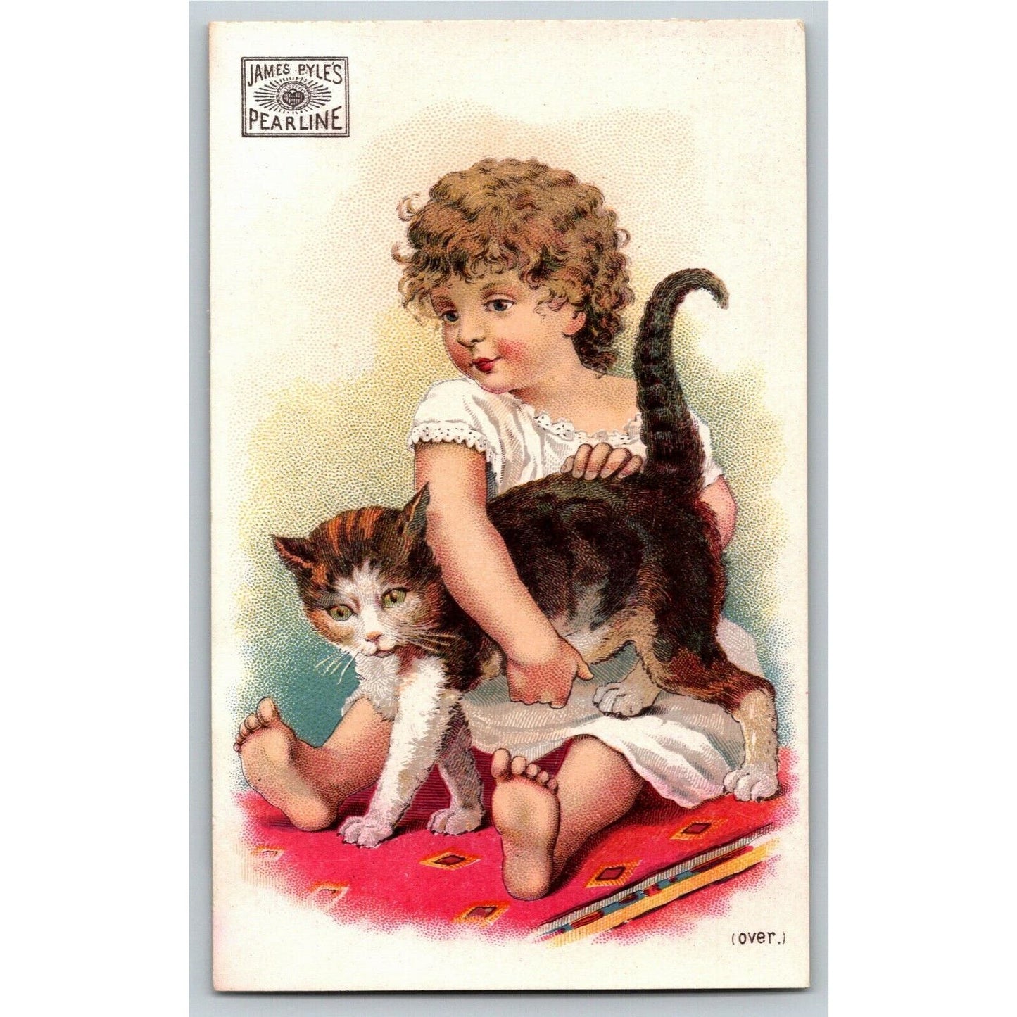 Victorian Trade Card Girl w/ Kitten Cat - Pyle's Pearline Washing Compound