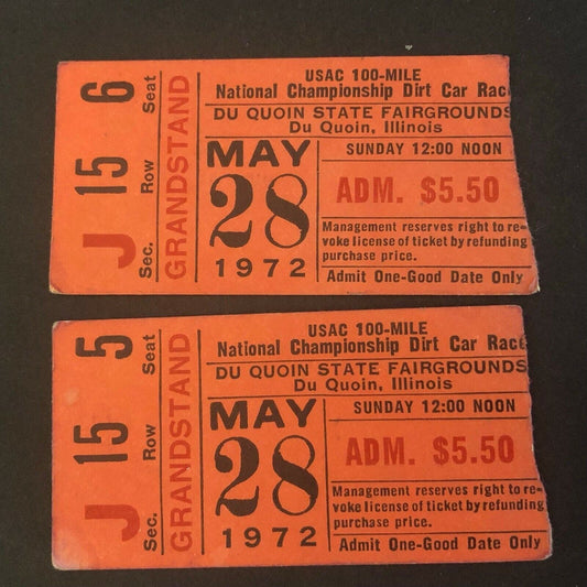2 1972 Du Quoin State Fair USAC 100 Mile Dirt Car Race Ticket Stubs