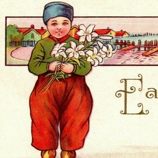 c1910 "Easter Peace" Child w/ Flowers Bunny Sailboat Pier Embossed Postcard