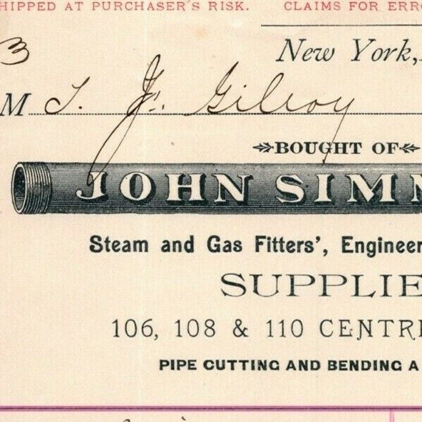 1887 John Simmons Steam and Gas Fitters Letterhead Billhead Centre St NYC
