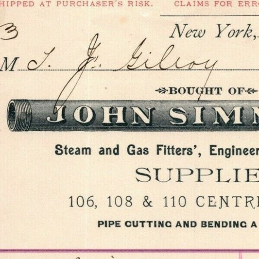 1887 John Simmons Steam and Gas Fitters Letterhead Billhead Centre St NYC