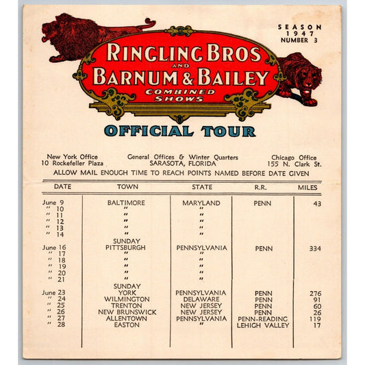 1947 Ringling Bros Barnum Bailey Circus Route Card Baltimore Pittsburgh York
