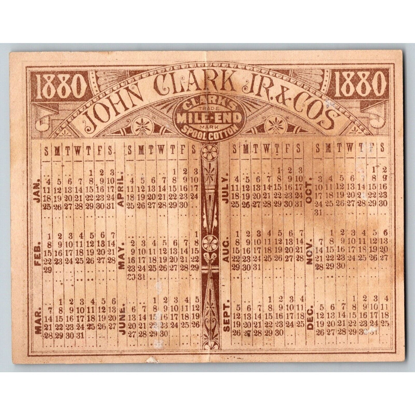 Asian Themed 1880 Calendar Victorian Trade Card Clark's ONT Spool Cotton