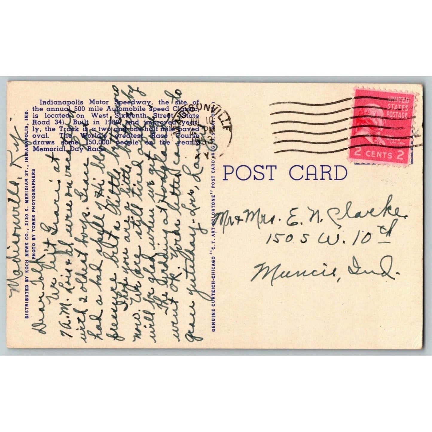 Indy 500 Linen Postcard 1947 ".. A Typical Winner" Posted 1953 VGC