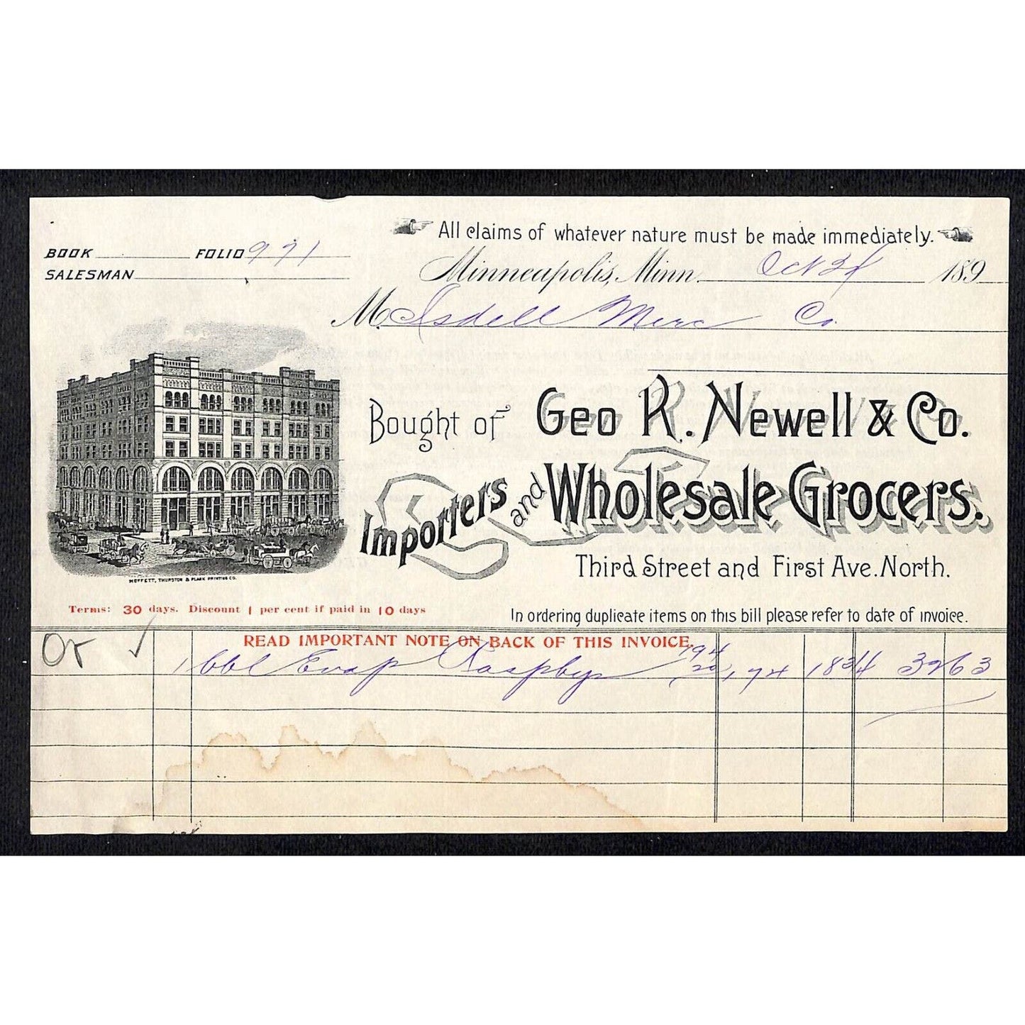 Minneapolis Geo. R. Newell & Co. Wholesale Grocers 1890's 189? Billhead Vignette