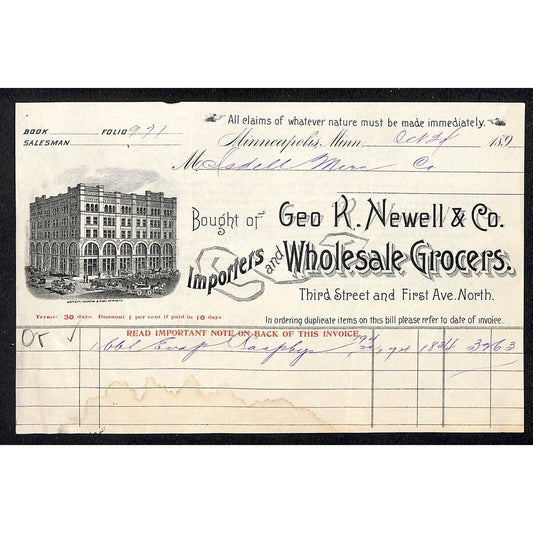 Minneapolis Geo. R. Newell & Co. Wholesale Grocers 1890's 189? Billhead Vignette