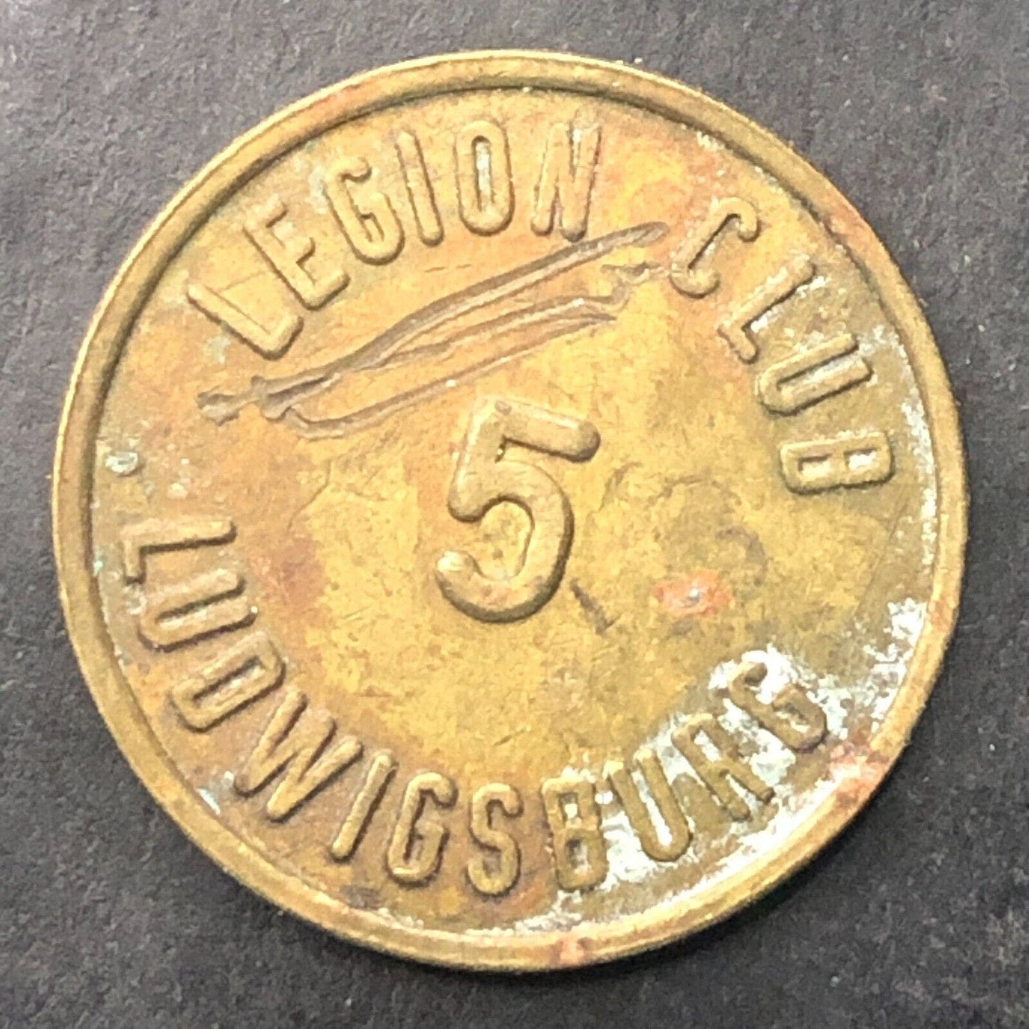 Ludwigsburg Legion Club "5" German Trade Token Brass 21mm Scarce