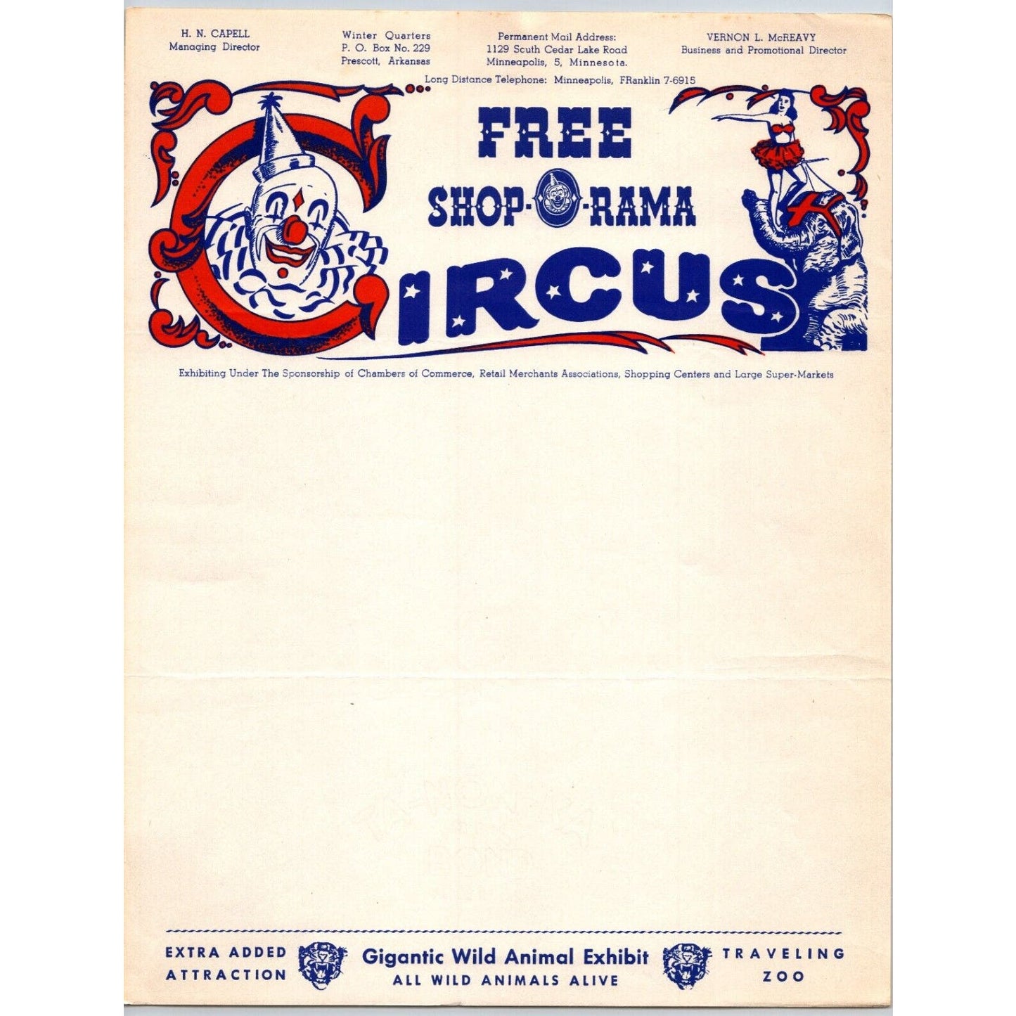 Free Shop-O-Rama Supermarkets Circus Letterhead c1955 Clown Scarce