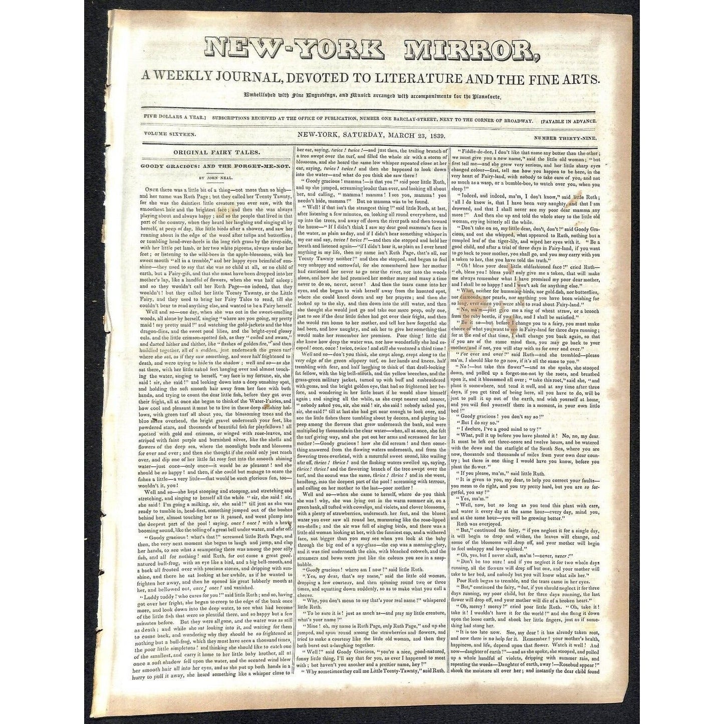 New-York Mirror Weekly Journal Literature Fine Arts Newspaper 3/23/1839