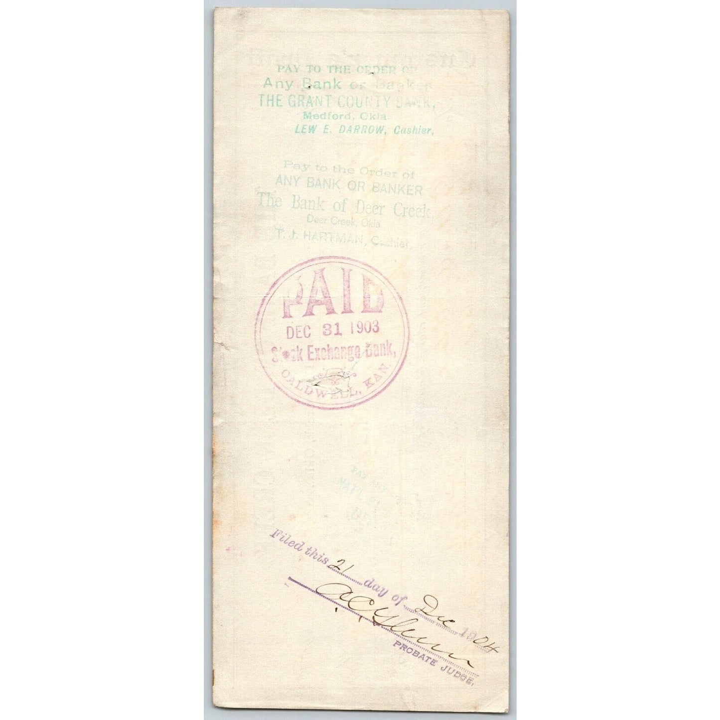 Deer Creek, OK 1903 Territorial "The Bank of Deer Creek" Check - Scarce