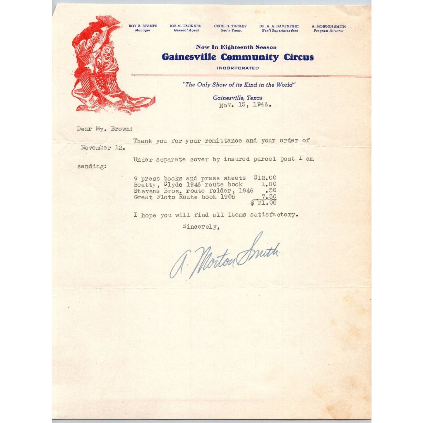 Gainesville Community Circus Letterhead Texas Centennial Center c1946 Scarce