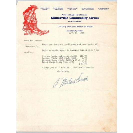 Gainesville Community Circus Letterhead Texas Centennial Center c1946 Scarce