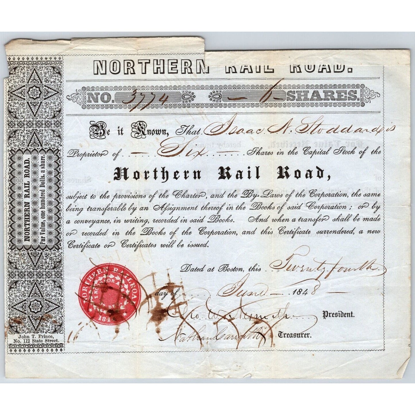 1848 Boston, MA Northern Railroad Stock Certificate No. 3774 for 6 Shares