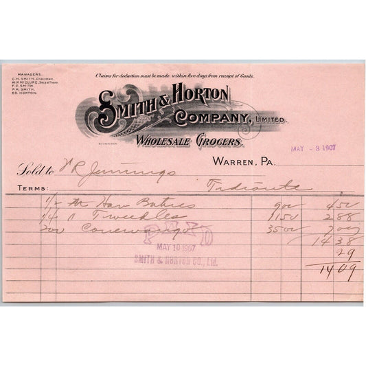 1907 Warren, PA Letterhead Smith & Horton Co Wholesale Grocers
