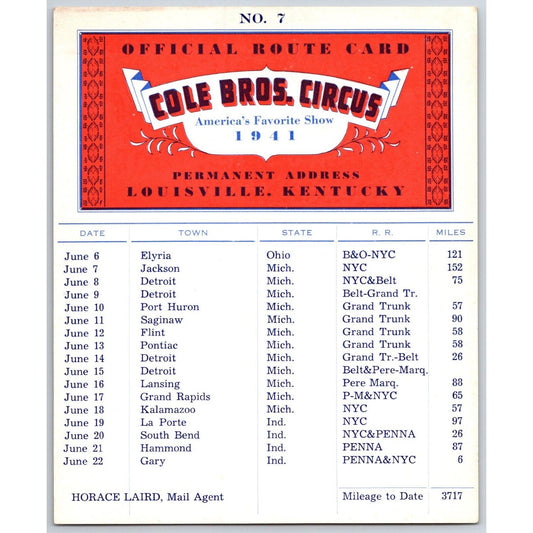 1941 Cole Bros Circus Route Card Indiana Ohio Michigan