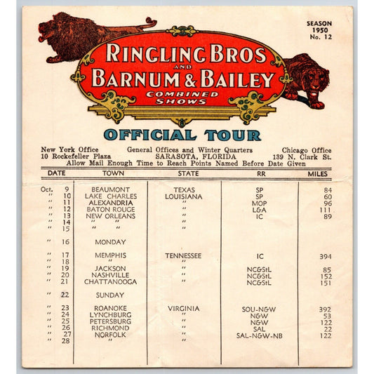 1950 Ringling Bros Barnum Bailey Circus Route Card Lake Charles New Orleans