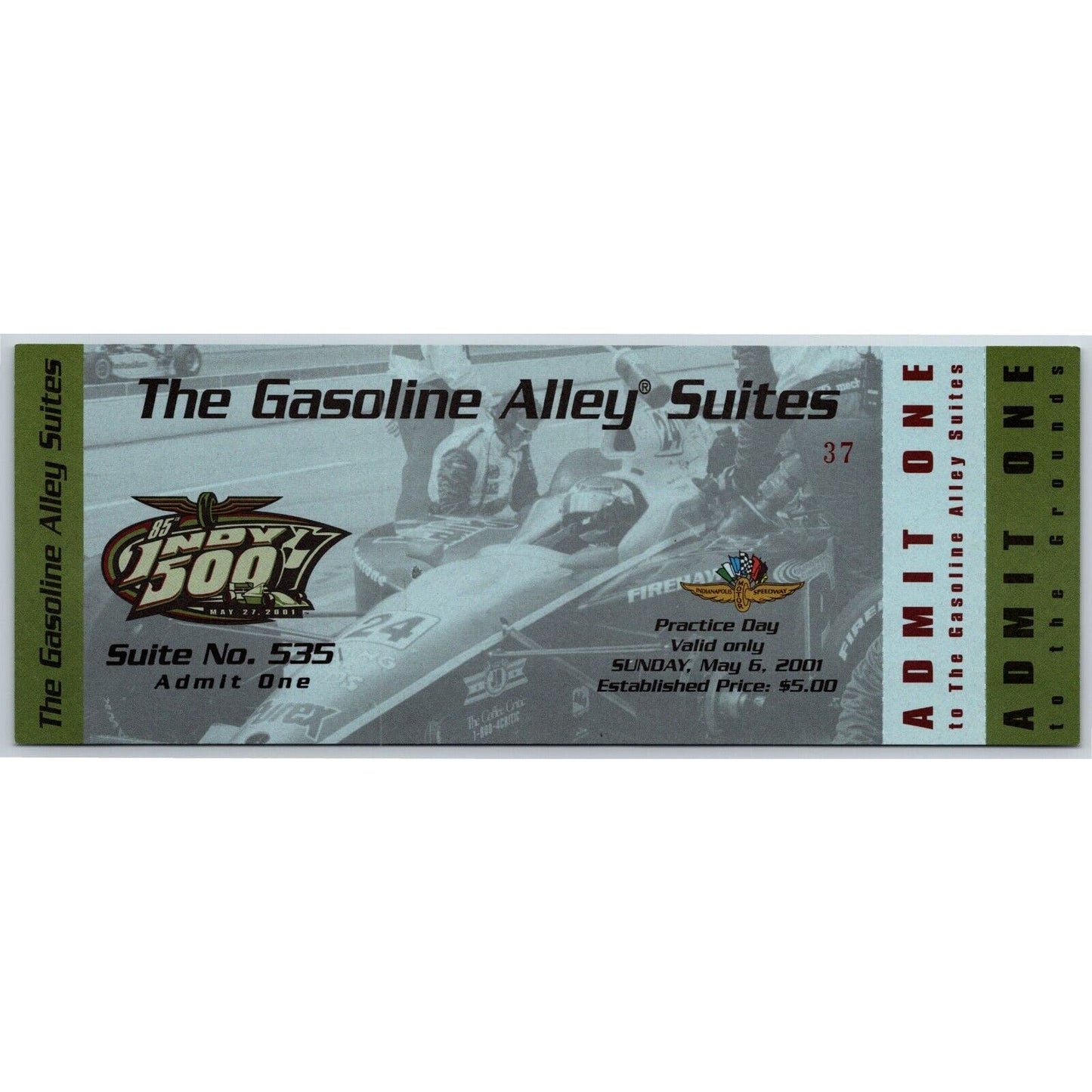 2001 Indy 500 Practice Day Gasoline Alley Unused Ticket Indianapolis #37