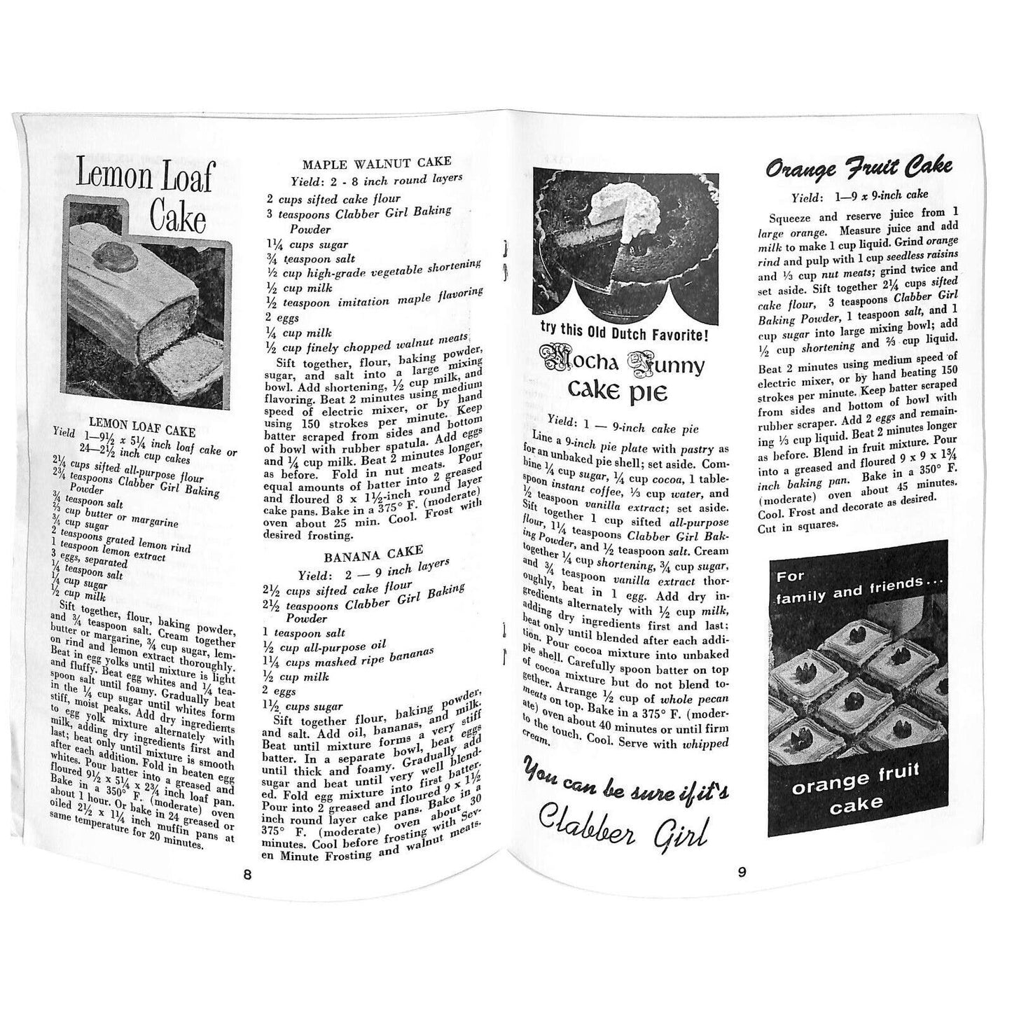 Clabber Girl Baking Power Fine Baking Recipe Booklet 15pp c1940's-50's - VGC