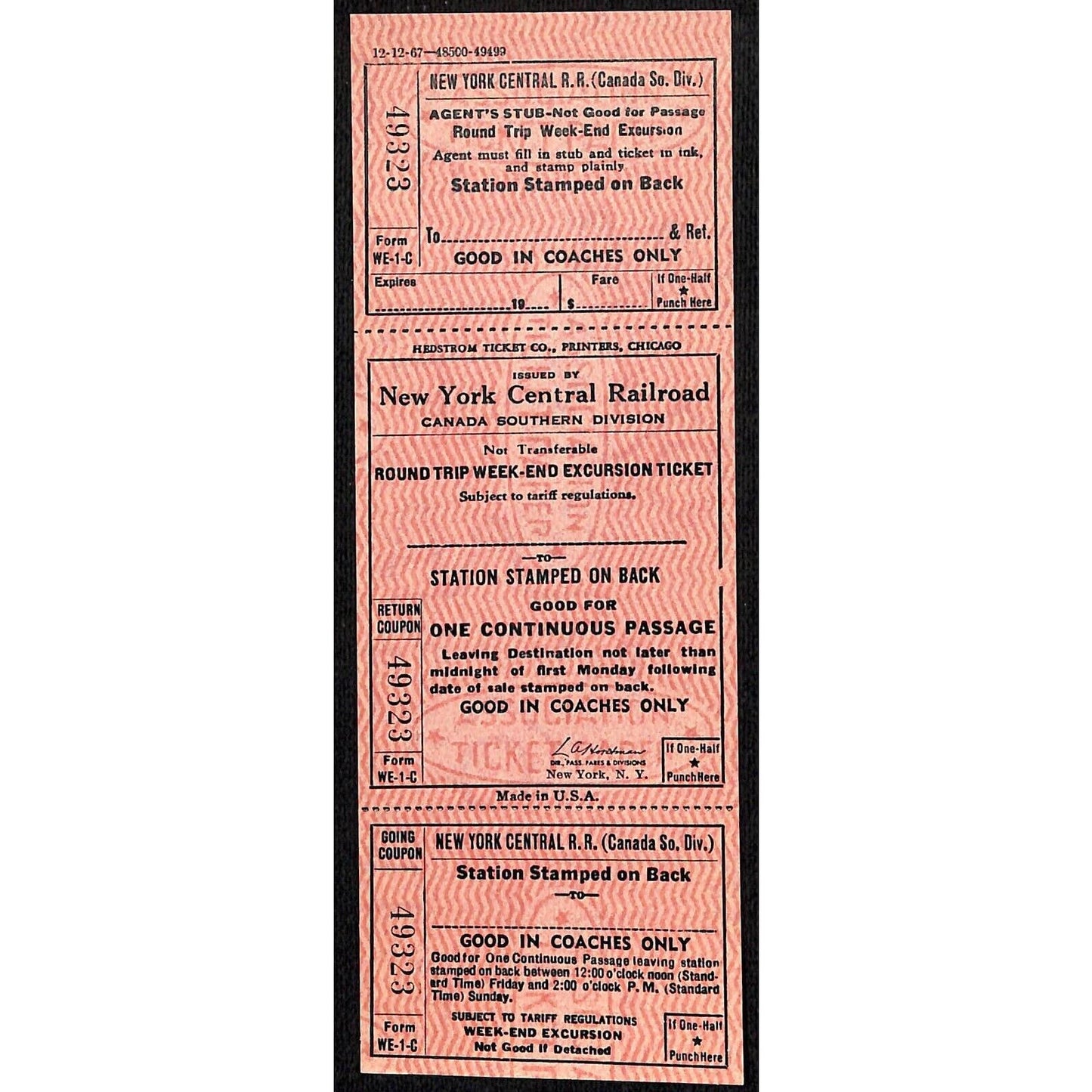 New York Central Railroad RR Canada Unused SAMPLE Excursion Ticket c1967 #49323