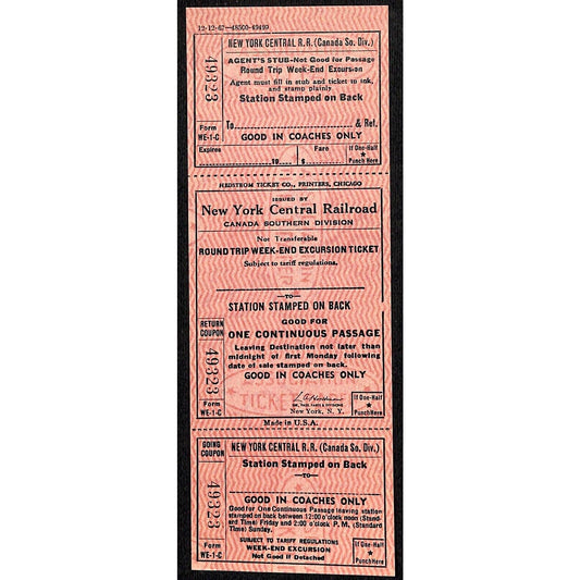 New York Central Railroad RR Canada Unused SAMPLE Excursion Ticket c1967 #49323