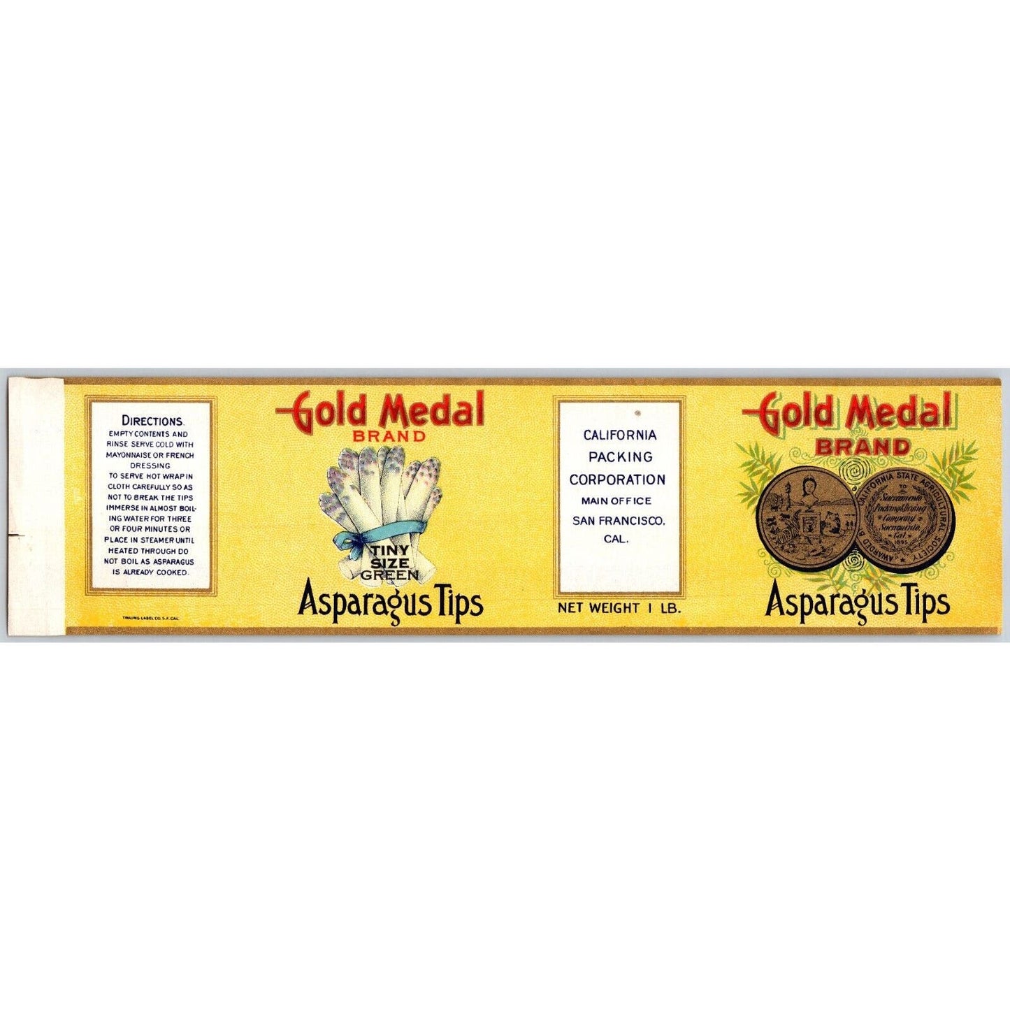 Gold Medal Asparagus Tips Paper Can Label Gold Ink c1915-20's Scarce
